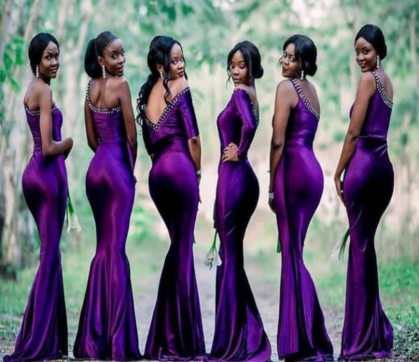 Elegantes vestidos de dama de honor de un hombro morados Tallas grandes Sirena Africana Nigeria Niñas Boda en el campo Vestidos de dama de honor 6777882