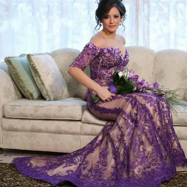 Elegante vestido morado de encaje de talla grande para madre de la novia con hombros descubiertos, manga corta, vestido de invitados a la boda, vestidos de noche de sirena con apliques