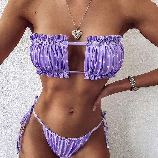 Élégant violet maillots de bain femmes hors épaule pli Bikini évider à lacets Bandgae Push maillot de bain string maillot de bain Biquini 220408