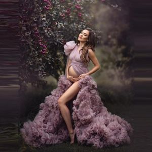 Elegante Paarse Tule Moederschap Avondjurken Voor Po Shoot Split Vooraan Open Mouwloze Baljurk Sjaal Ruches Met Flares Cust246E