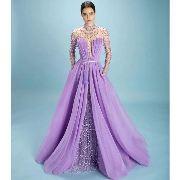 Élégant Violet Femmes Soirée Robe Formelle 2023 Sheer Cou Perles Perles Manches Pageant Robes De Bal Robe De Soirée Robes Fête 328 328