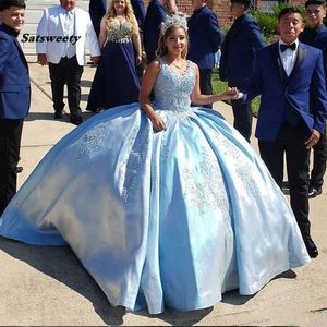 Robe de quinceanera élégante sans manches douce 16 robes robe de bal bleue fille pageant robe dentelle perlée adulte robe de soirée de bal
