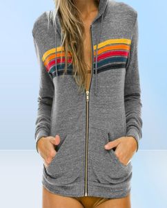 Elegante regenboog gestreepte zip -up herfst hoodies Casual losse pocket pocket met lange mouwen vrouwen mode patchwork sweatshirt xxl w4189398