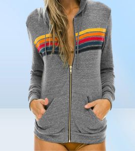 Elegante regenboog gestreepte zip -up herfst hoodies Casual losse pocket pocket met lange mouwen vrouwen mode patchwork sweatshirt xxl w4202785