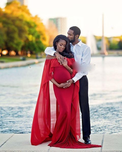 Élégant rouge africain sirène enceinte robes de bal sexy mince longue cape soirée robes formelles robe de maternité tir photo sur mesure