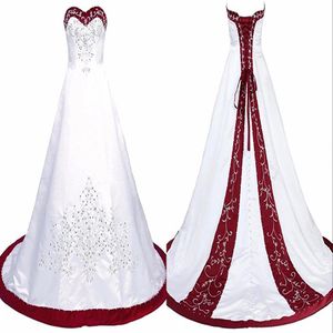 Élégante robe de mariée rouge et blanche broderie princesse satin une ligne à lacets dos tribunal train paillettes perlées longue pas cher mariage Go285J