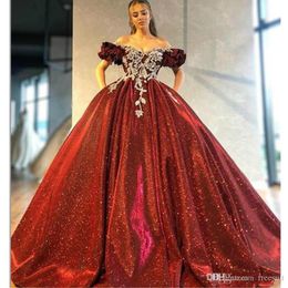 Élégante robe de bal rouge robes de Quinceanera hors épaule paillettes douce 16 robe balayage train bal Pageant robes robes de quincea￱era