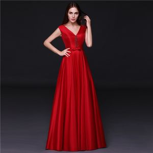 Elegante Rode Avondjurken Lange Prom Jurk V-hals Mouwloze Lace-Up Back Red / Royal Blue / Black Prom Dress