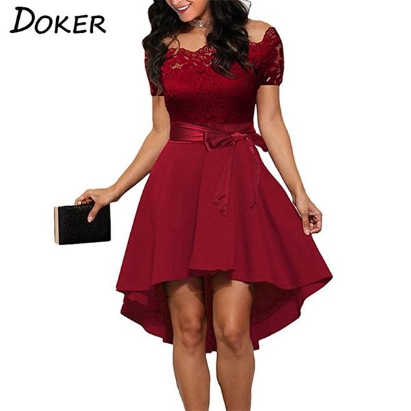 Élégant rouge dentelle Dres Patchwork Slash cou manches courtes ceintures tunique été dames Sexy soirée es 220215