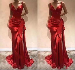 Robes de soirée longues rouges élégantes 2024 chérie sirène robe de bal formelle avec fente balayage train fermeture éclair côté fendu robes de soirée noeud en satin