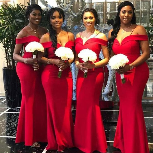 Élégant rouge sirène demoiselles d'honneur robes ASO EBI noir filles été mariage invité robe de soirée grande taille pas cher BM0641339E