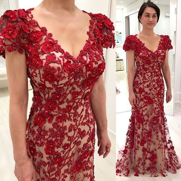 Elegante rojo Vestidos para madre de la novia Apliques de flores en 3D Cuello en V Manga corta Vestido de madre Vestido de fiesta Invitado de boda