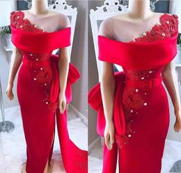 Elegantes vestidos de noche formales rojos con hombros descubiertos para mujer, vestidos largos de fiesta con apliques de encaje y cuello transparente, ropa de fiesta por encargo