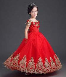 Elegante rode prinses meisjes pageant jurken off shoulder applique vloer lengte bal toga pageant jurken voor tieners peuter meisjes bloem jurk