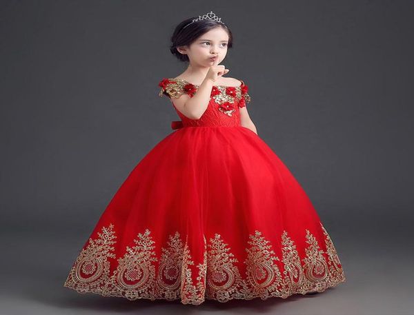 Vestidos elegantes del desfile de las muchachas de la princesa roja vestidos del desfile del vestido de bola de la longitud del piso del aplique del hombro para las muchachas pequeñas de los adolescentes Fl7270284