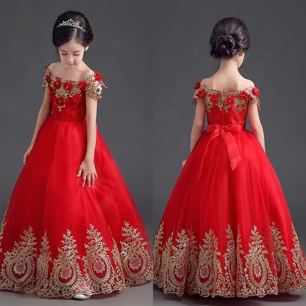 Elegante rojo princesa niñas desfile vestidos fuera del hombro apliques hasta el suelo vestido de fiesta vestidos para adolescentes niñas pequeñas Fl254J