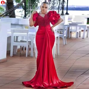 Élégant rouge gonflé à manches courtes robes De bal sirène O cou robes De soirée grande taille femmes africaines Robe De mariage WJY591