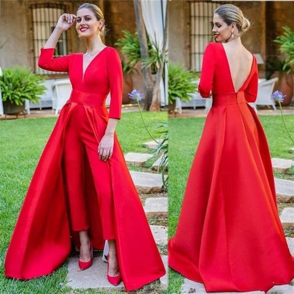 Monos elegantes de satén rojo vestidos de noche hasta el suelo vestido de graduación de manga larga vestido Formal de fiesta robe de soiree293J