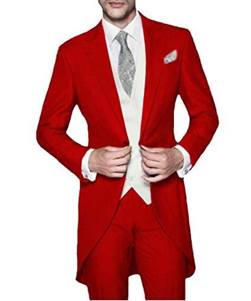 Élégant Red Tailcoat Groom Tuxedos Matin Style Hommes Smokings De Mariage Haute Qualité Hommes Formelle Costume De Fête De Bal (Veste + Pantalon + Cravate + Gilet) 1771