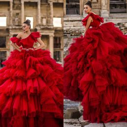 Robe de soirée rouge élégante à plusieurs niveaux, asymétrique épaule dénudée, robe de bal en Tulle, à volants bouffants, robes de fête d'anniversaire