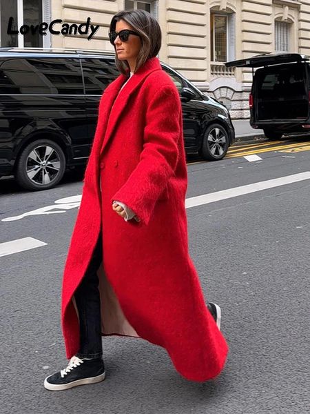 Elegante mezcla de lana roja abrigo grueso cálido mujer solapa cruzada manga larga chaquetas casuales mujer calle abrigo suelto 240122