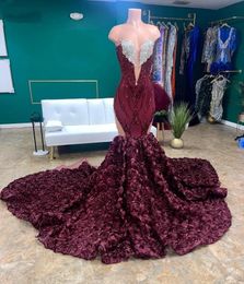 Elegante Rhinestone Bourgondische prom -jurken voor vrouwen 2023 Sheer Neck African Girls Paillin Party Jurken Long Mermaid Avond Jurk