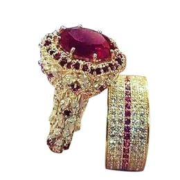 Bague élégante couleur or bague Hip Hop pour femmes mode incrusté de Zircon pierres rouges anneaux de mariage ensemble fête de fiançailles bijoux s