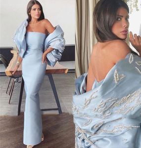 Elegante Rolay Sky Blue Bling Lange Avondjurken Strapless Mouwloos Off Shoulder Prom Jurk Sjaal Sequen Night Enkle Length Sheath Formele Partyjurken