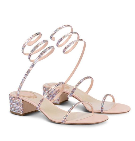 Elegantes sandalias romanas Zapatos para mujer Tacón bajo Feminidad Glitter Sole Pumps Classic Caovilla Wrap Crystal Fiesta nupcial Boda Tacones altos