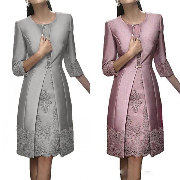 Elegante vestido de madre de la novia de oro rosa, vestidos de traje con chaqueta, vestidos de fiesta formales, Apliques de encaje satinado VIntage, invitados de boda Dr220v