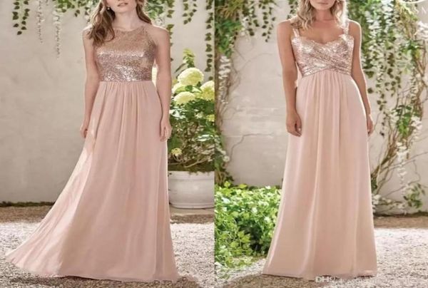 Elegant Rose Gold Sequins en mousseline de soie en mousseline de nuit longue robes de demoiselle d'honneur licou