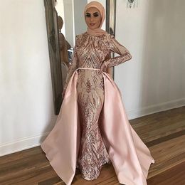 Elegante rosa sirena musulmana Hijab encaje vestidos de graduación con tren desmontable manga larga Dubai mujeres usan vestido de noche Formal Pa300I