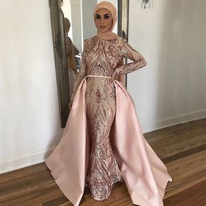 Elegante Roze Zeemeermin Moslim Hijab Kant Prom Jurken Met Afneembare Trein Lange Mouwen Dubai Vrouwen Dragen Formele Avondjurk Pa300I