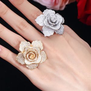 Elegantes anillos de rosas Lujo AAA Cubic Zirconia Cobre Joyas de diseño para damas Mujeres Fiesta Mexicano Oro Plata Blanco completo CZ Boda Novia Anillo de compromiso Regalo