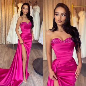 Elegante Rosy Pink Galajurken Pailletten Sweetheart Party Avondjurken Split Formele Lange jurk voor speciale gelegenheden