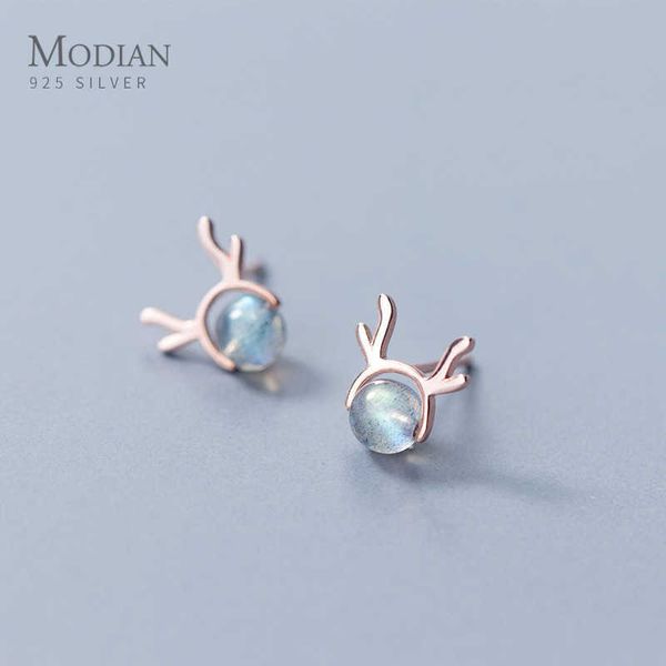 Elegante redondo Crystal Dream Deer Stud Pendientes Tiny 100% 925 Sterling Silver Joyería de moda para mujeres Party Charm Gift 210707