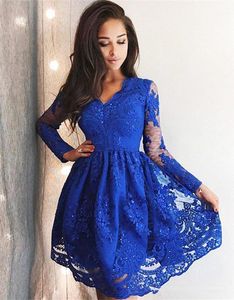 Élégant bleu royal une ligne robes de soirée à manches longues en dentelle appliques paillettes longueur au genou robe de soirée cocktail robe de bal courte 153