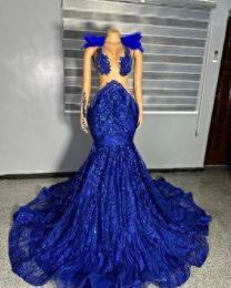 Elegant Royal Blue African Mermaid Prom Formal Dress Crystal Sequins Feather Sheer Mesh Evening Birthday Jurk For Black Girl