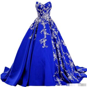 Elegante koninklijke blauwe baljurk Prom Jurken Applicaties Kant Sweetheart Strapless Lange Plus Size Formele Avond Party Draag jurken Robe de Soriee