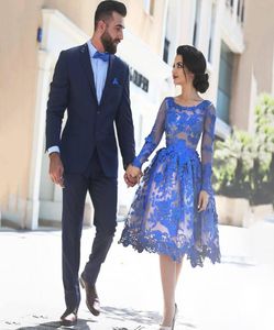 Elegante Royal Blue Cocktail Jurken 2017 Korte kant Appliques lange mouwen knie lengte dames mode feestjurken voor afstuderen845554444