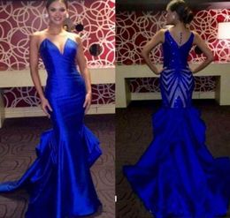 Robe de soirée élégante bleu royal longue 2022 sans manches en satin sirène robes de bal dos pailleté Miss USA Pageant robes de soirée4587830