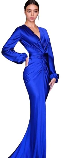 Élégant bleu royal robes de soirée col en V profond à manches longues sirène arabe célébrité robe de bal pour les femmes fête robe de soirée mariage