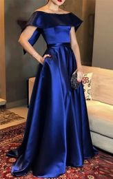 Élégant bleu royal robes de soirée longue Satin hors épaule Simple robe de soirée formelle robe de bal abendkleider