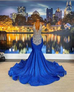 Elegante Koningsblauw Halter Prom Dresses Backless Afrikaanse Zeemeermin Verjaardagsfeestje Jurk Sliver Crystal Kralen Formele Toga vestidos