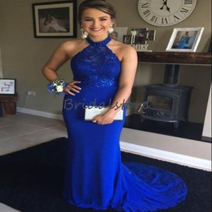 Elegante Royal Blue Mermaid Avondjurk 2021 met Kant Halter Hals Backless Prom Jurken Lange Women Celebrity Formele Partyjurken Roosters De Soirée