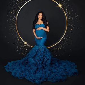 Robe de maternité sirène bleu Royal élégante, robes de photographie sans bretelles, en Tulle extensible à volants, robes de maternité pour fête prénatale