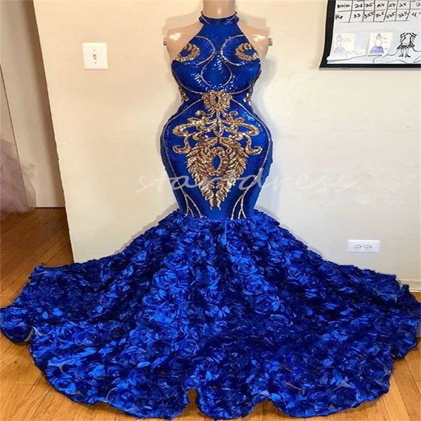 Robe de bal sirène bleu royal élégante avec paillettes dorées, dos nu, bas floral 3D, robes de soirée africaines, robe de soirée d'anniversaire pour filles noires, 2024