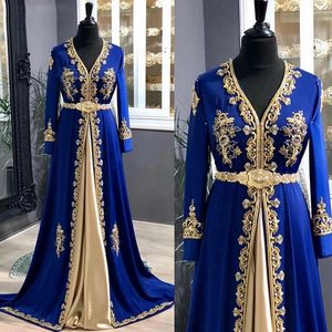 Élégant bleu royal marocain Kaftan Robes de soirée V-Col à manches longues Longueur du sol Robes de fête formelles appliques en dentelle en or perlé traditionnel