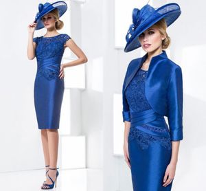 Élégant bleu royal mère de la mariée robes 2022 avec veste dentelle satin longueur au genou courte mère robes de soirée vestido de madrinha farsali