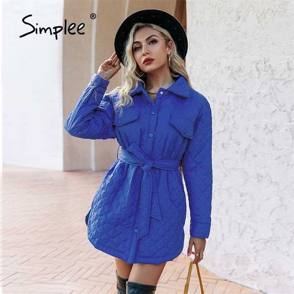 Elegante azul real bolsillo fajas mujer invierno parka Oficina camisa cuello moda abrigos acolchados Za chaqueta de abrigo casual 211018